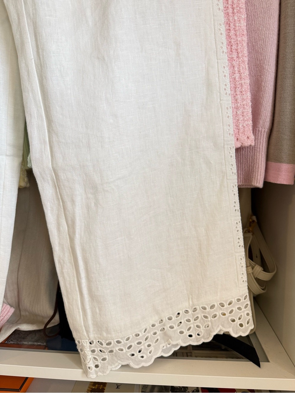 Petite Studio White Linen Wide-Leg Pants with Eyelet Trim - Picture 2 of 9